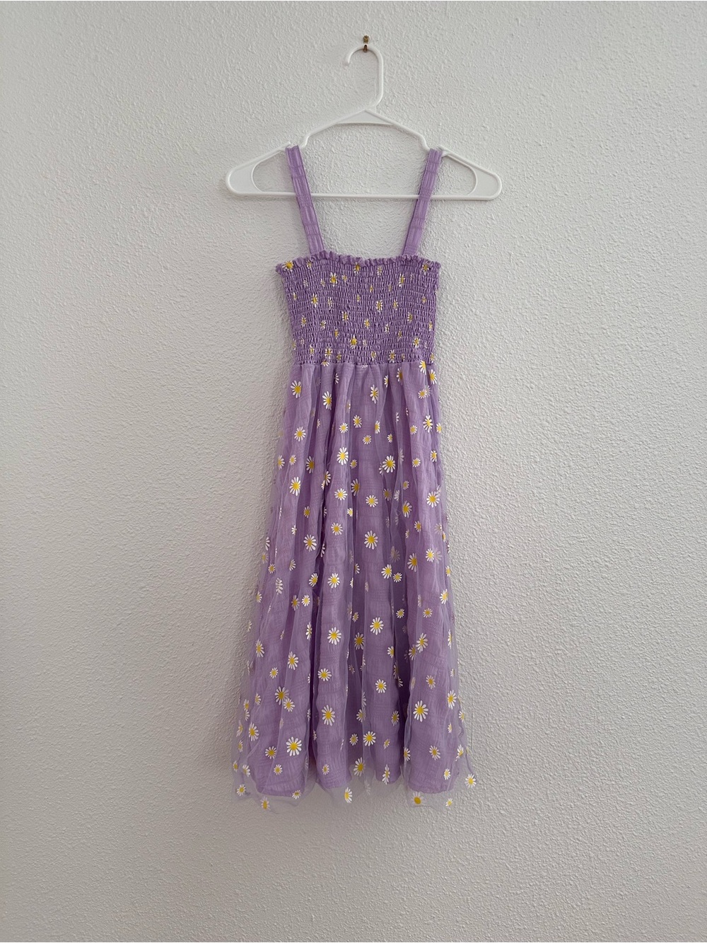 purple yellow daisy organza ruched smocked summer sundress